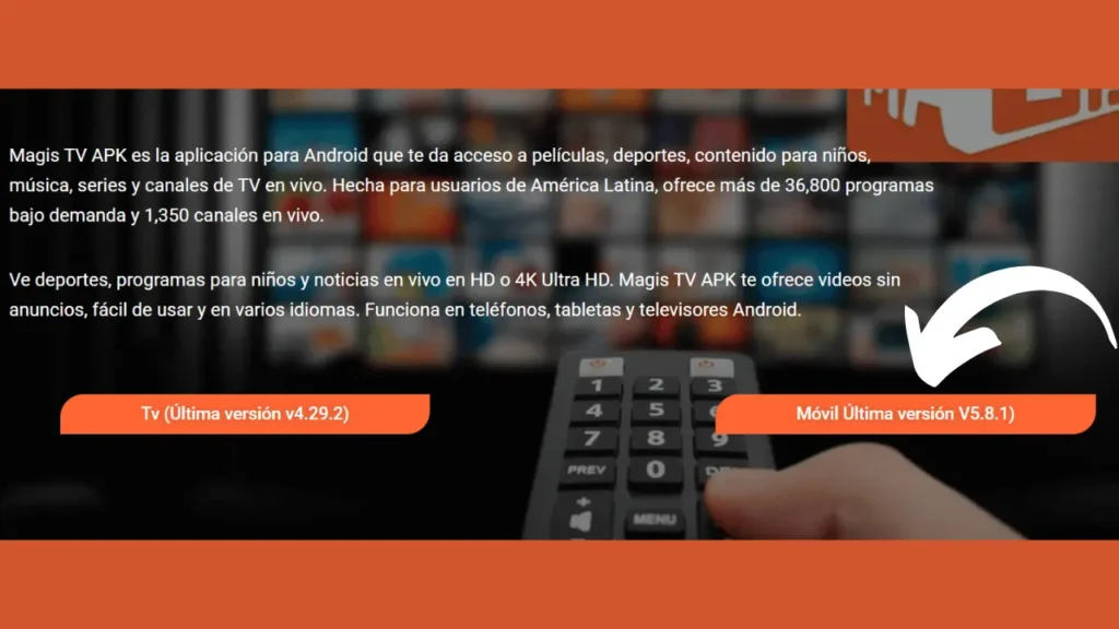 Descargar Magis TV APK para Android. Imagen muestra un control remoto y texto explicando la instalación de la aplicación en dispositivos Android.