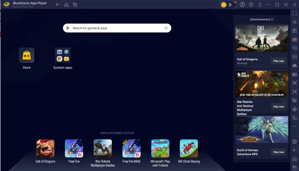 BlueStacks, emulador de Android para PC. Imagen muestra la interfaz de BlueStacks con juegos y aplicaciones disponibles.